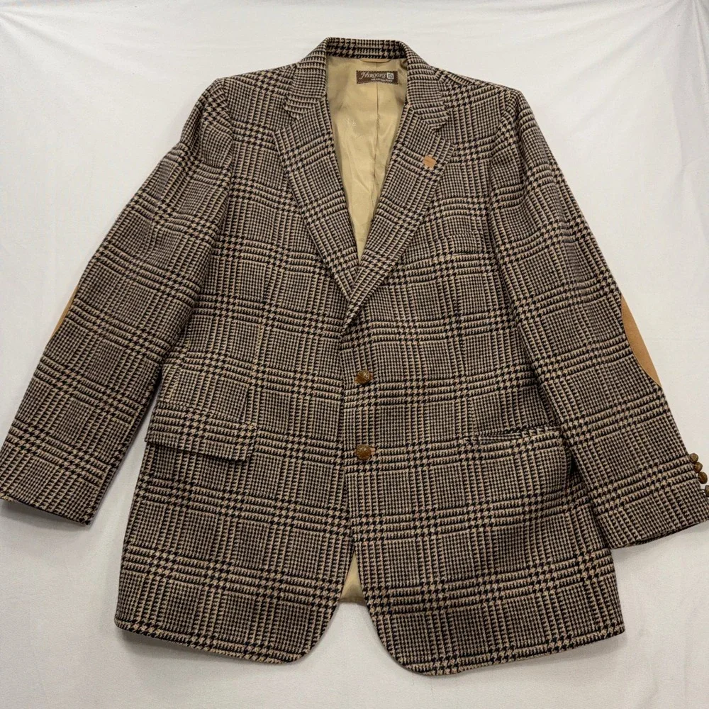Lanvin Sport Coat Camel Hair Glen Plaid Elbow Patches Tan Mens 48R